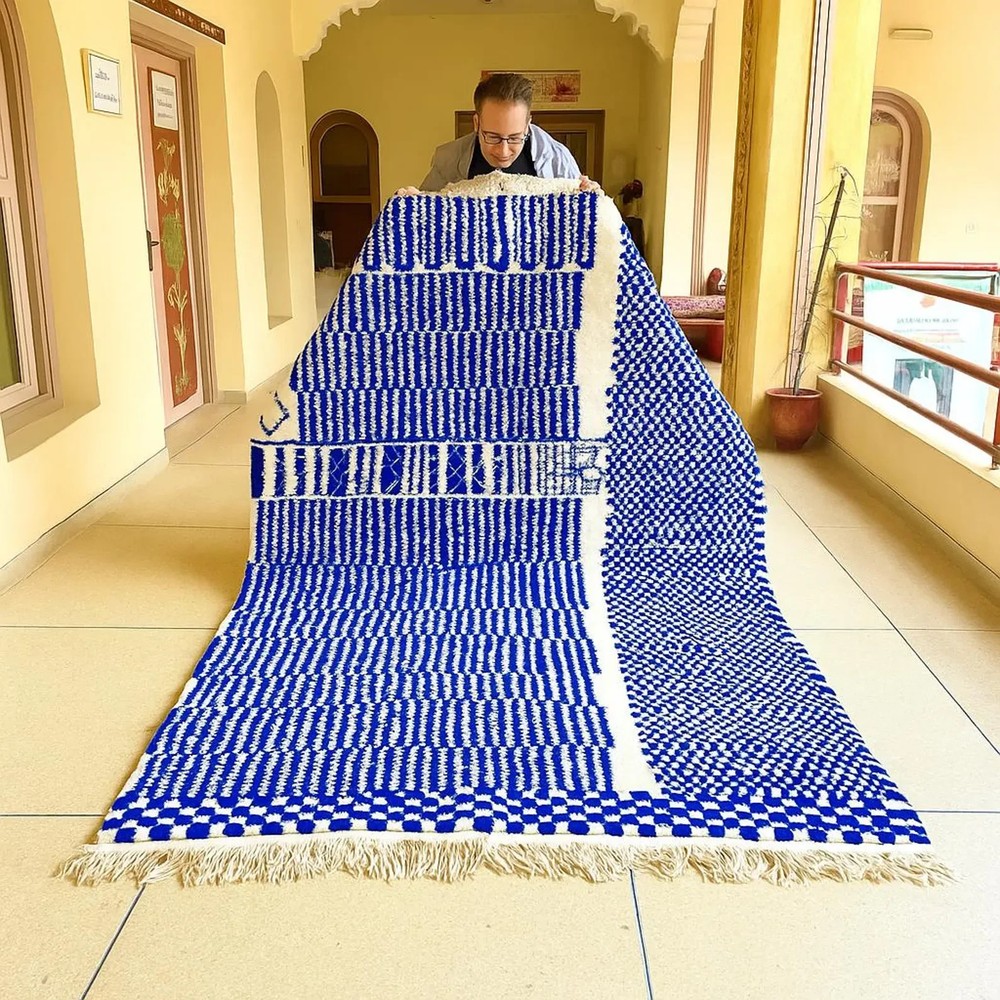 Custom Moroccan Berber Wool Rug Color White and Blue Handmade Design Carpet Rug