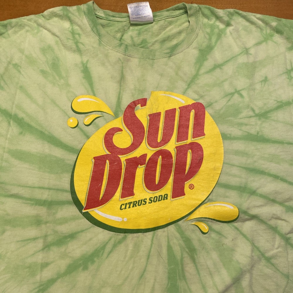 Vtg Y2K Sun Drop Citrus Soda Promo Big Logo T-shirt Green Tie Dye Size XL