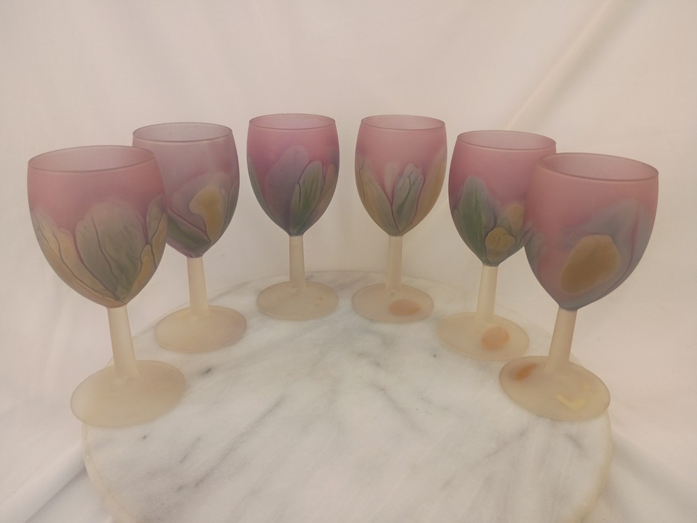 Set Of 6 Vintage Rueven Art Nouveau Wine Glasses Frosted Glass Hand Painted