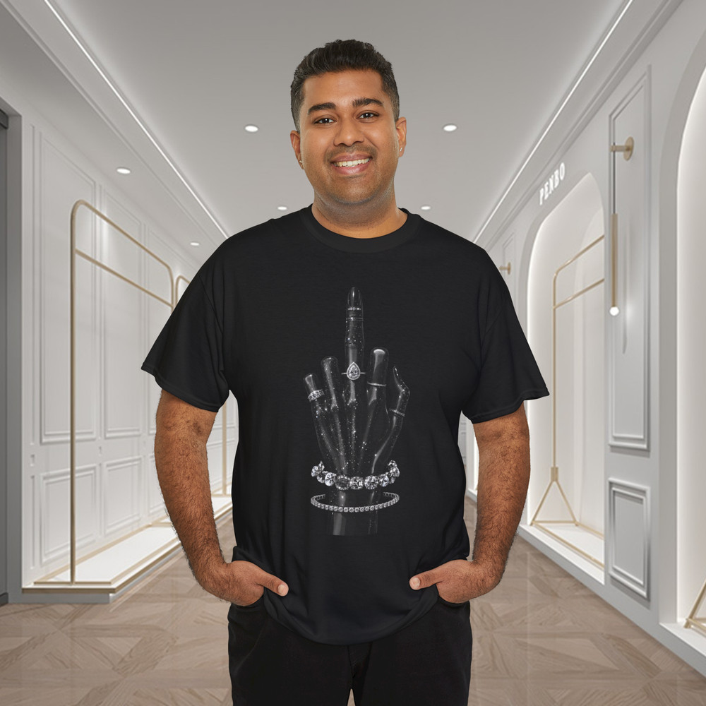 Black Glossy Hand Middle Finger Diamond Graphic T-Shirt