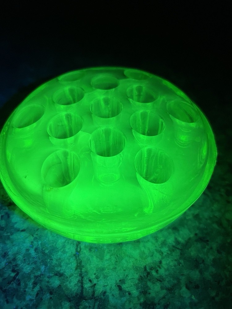 Vtg Green Uranium Vaseline Glass Flower Frog Round 13 Holes Footed Ikebana Vase