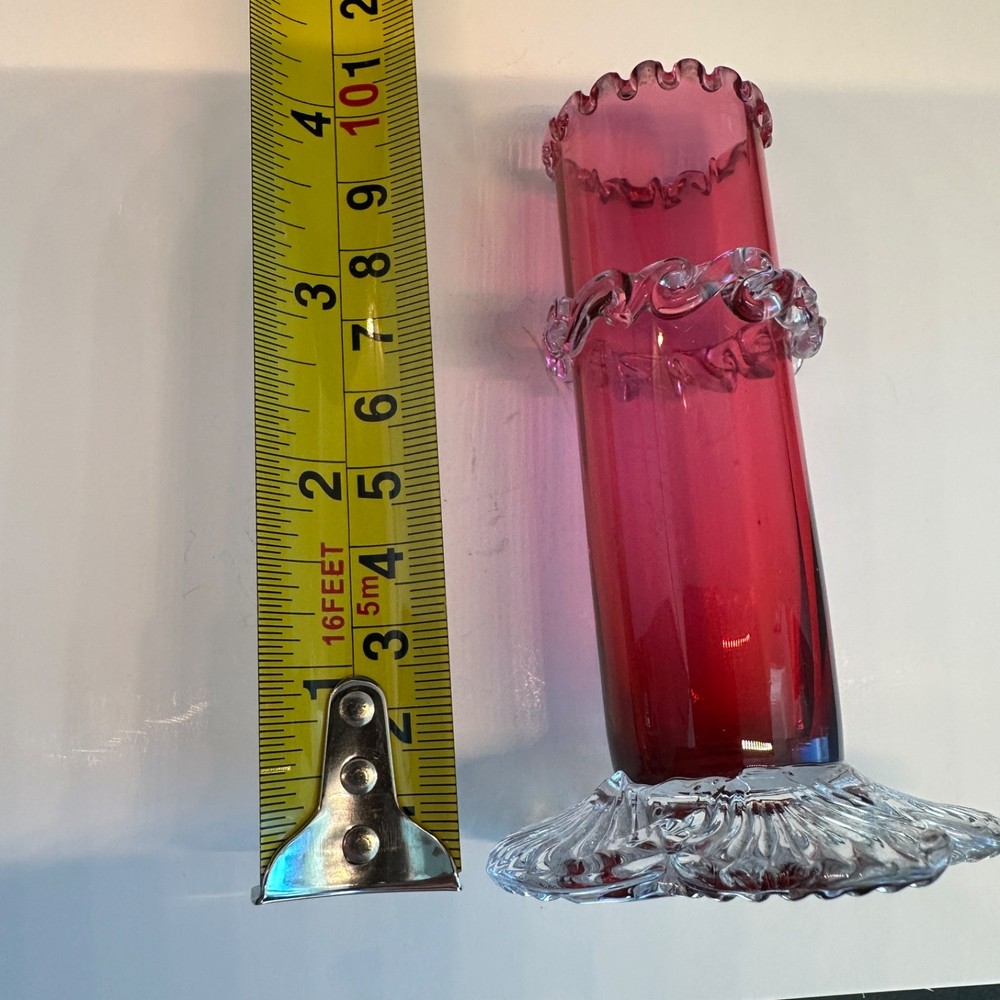 1880's Cranberry Art Glass Vase with Applied Decor Victorian Antique Ruffled