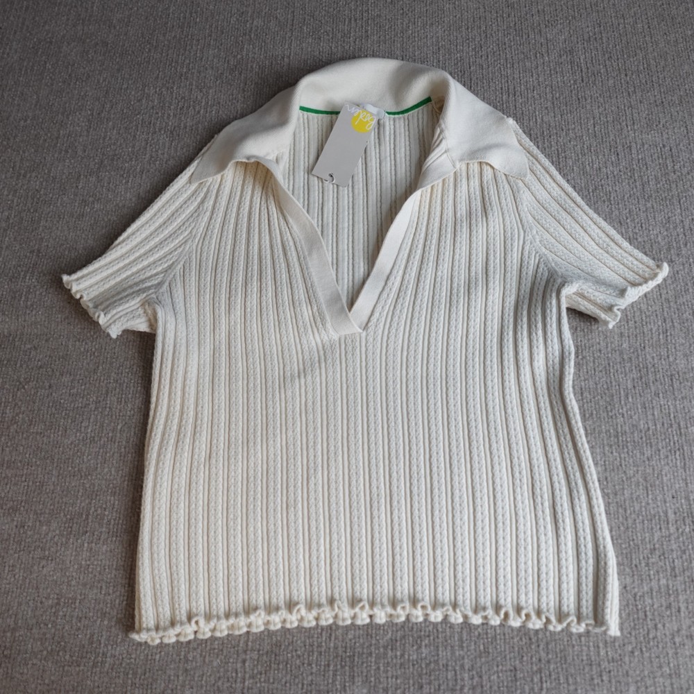 Boden Womens Top Large Ivory Beige  Knit Polo Sweater V-Neck