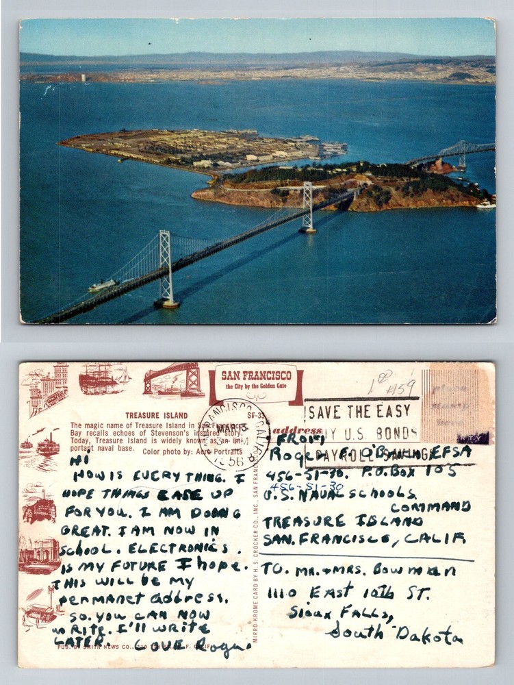 San Francisco California, Treasure Island and Bay Bridge Aerial Vintage Postcard