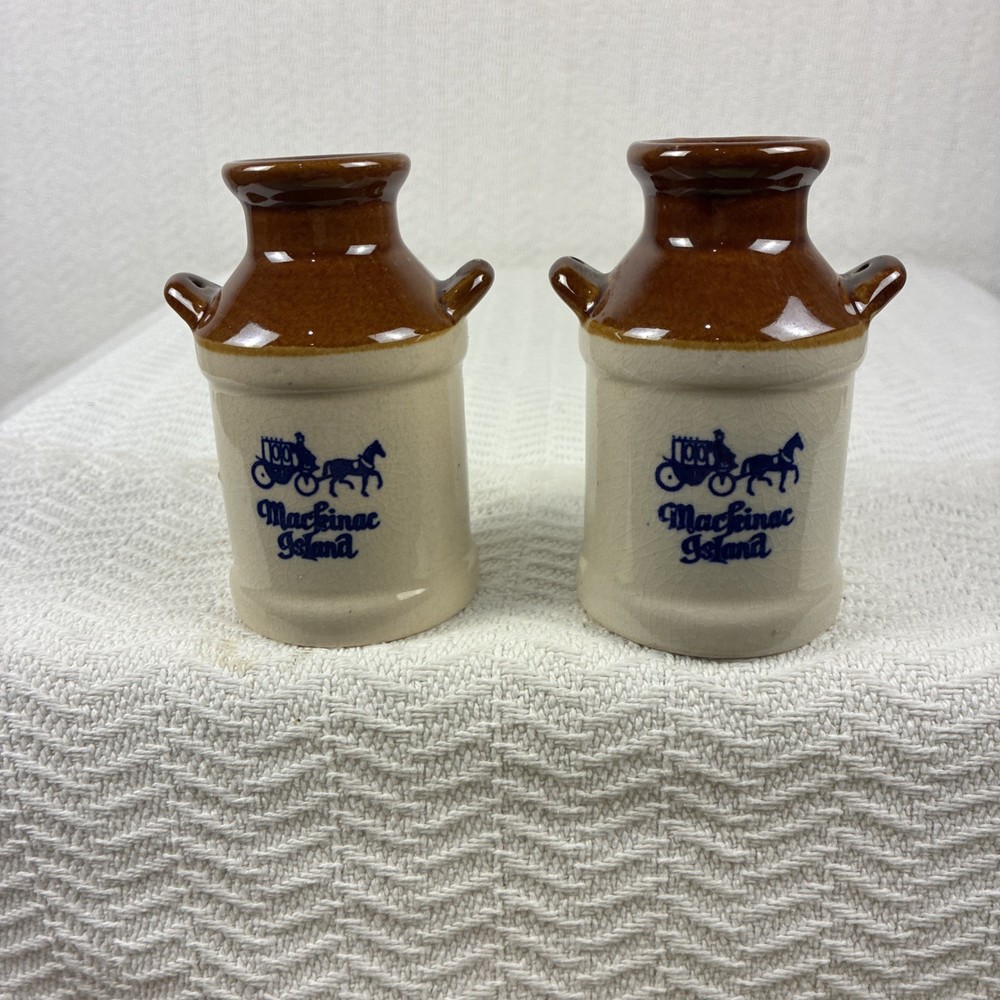 Salt & Pepper Shakers Vintage Souvenir Stoneware Milk Jug Replicas Mackinac Isle