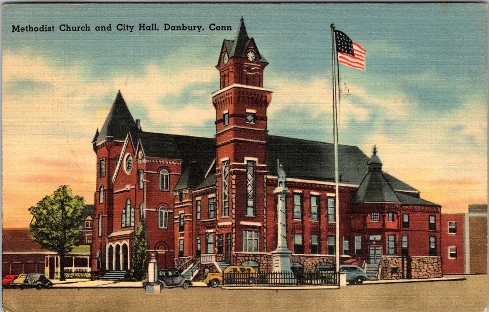 Danbury CT-Connecticut, Methodist Church, City Hall, Vintage Postcard