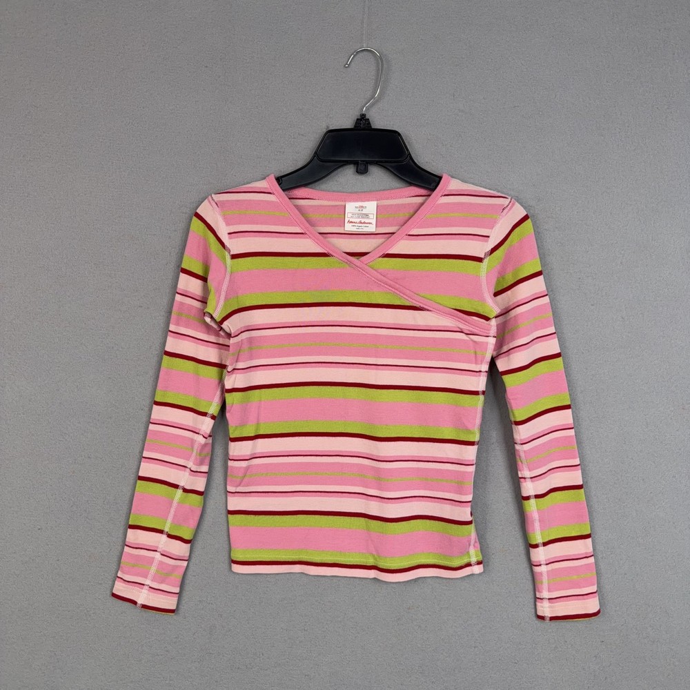 Hanna Andersson Shirt Girls 12 Pink Striped Wrap V Neck Long Sleeve Slim Fit