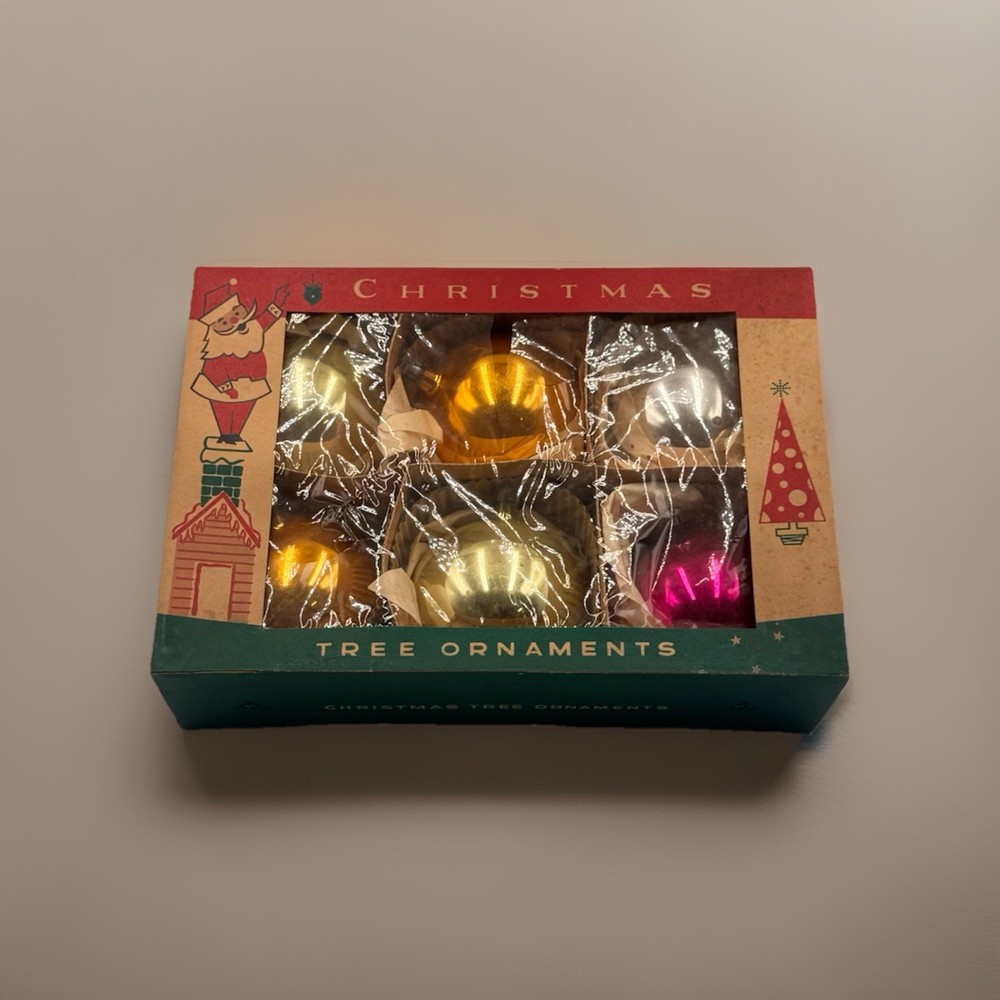 VTG Fantasia Poland 4” Mercury Glass Jumbo Christmas Ornaments Boxed Set 6