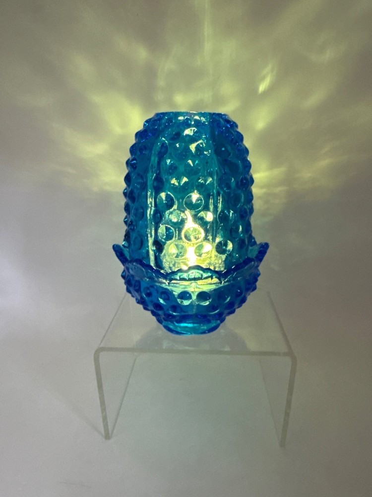 Vtg Fenton Colonial Blue Hobnail Glass Fairy Lamp Candle Holder 3608-CB 4.5 in T