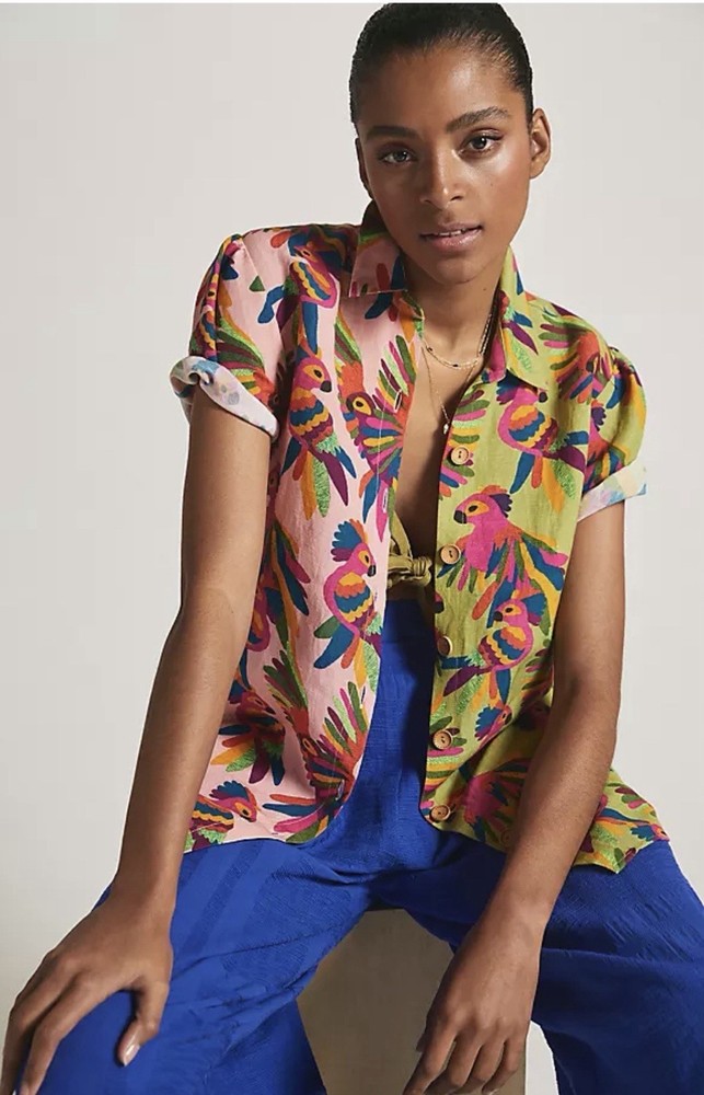 Anthropologie FARM Rio Tropical Parrot Button-UpShirt Size XL