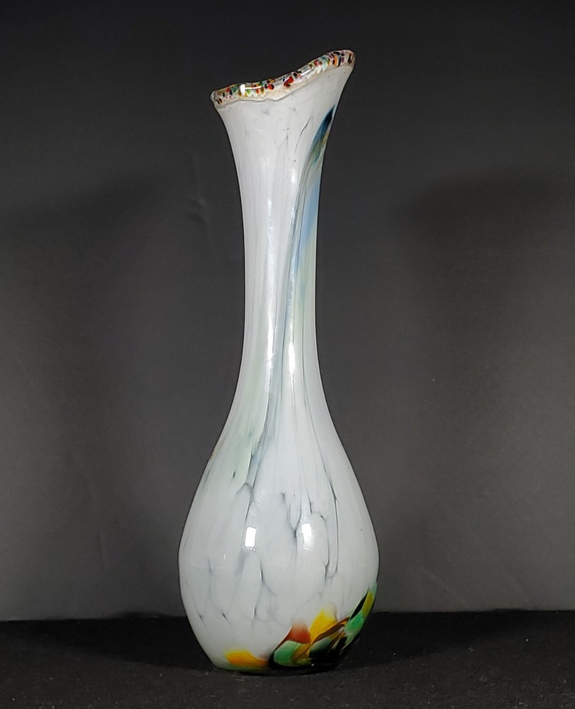 Romanian Art Vase With Millefiori Designed Rim & Colorful Abstract Hourglass-image