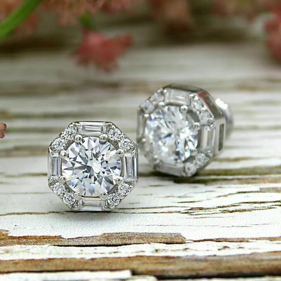 2Ct Round Cut Real Moissanite Men's Stud Earrings 14k White Gold Plated Silver