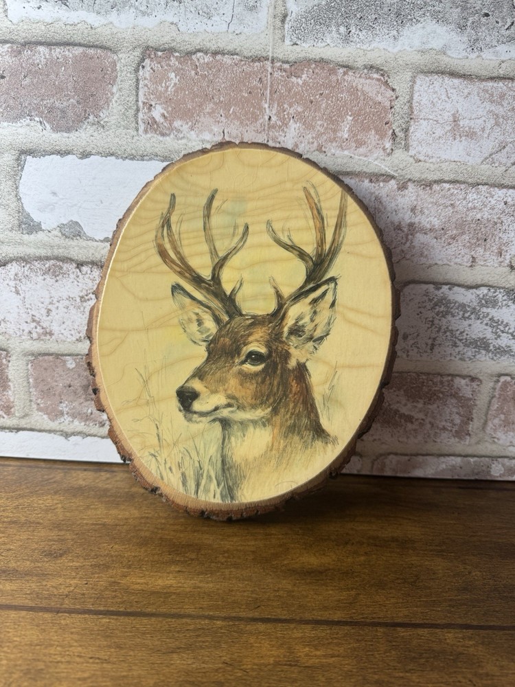 Vintage Wood Slice Wall Plaque White Tail Deer Rustic Cabin Lodge Decor