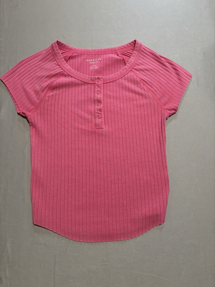 American Eagle Pink Ribbed Henley Top Short Sleeve Women's Size S Y2K