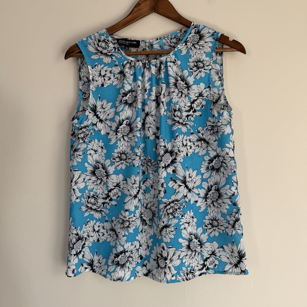 Jones New York Floral Sleeveless Blouse Teal Black White Size 8