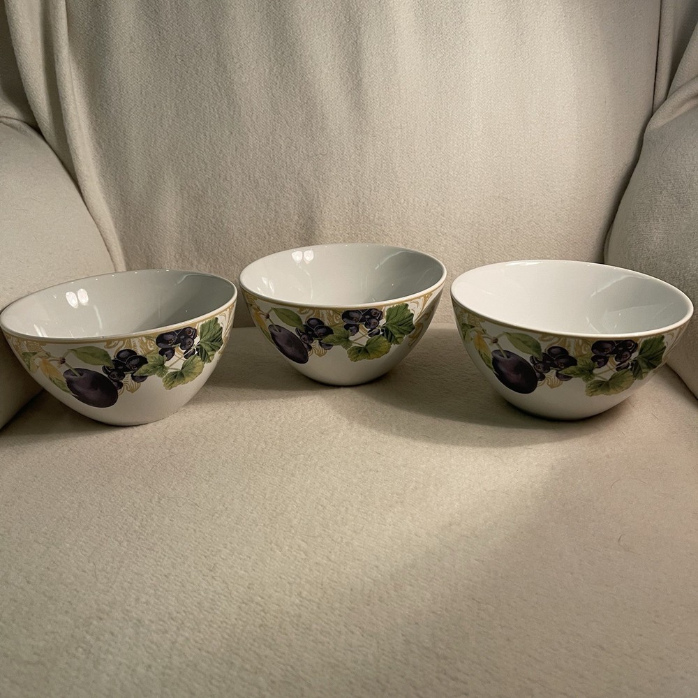 Lenox Garden Mural  China Soup/ Cereal Bowls Fruit & Gold Leaf Pattern Set 3 6”