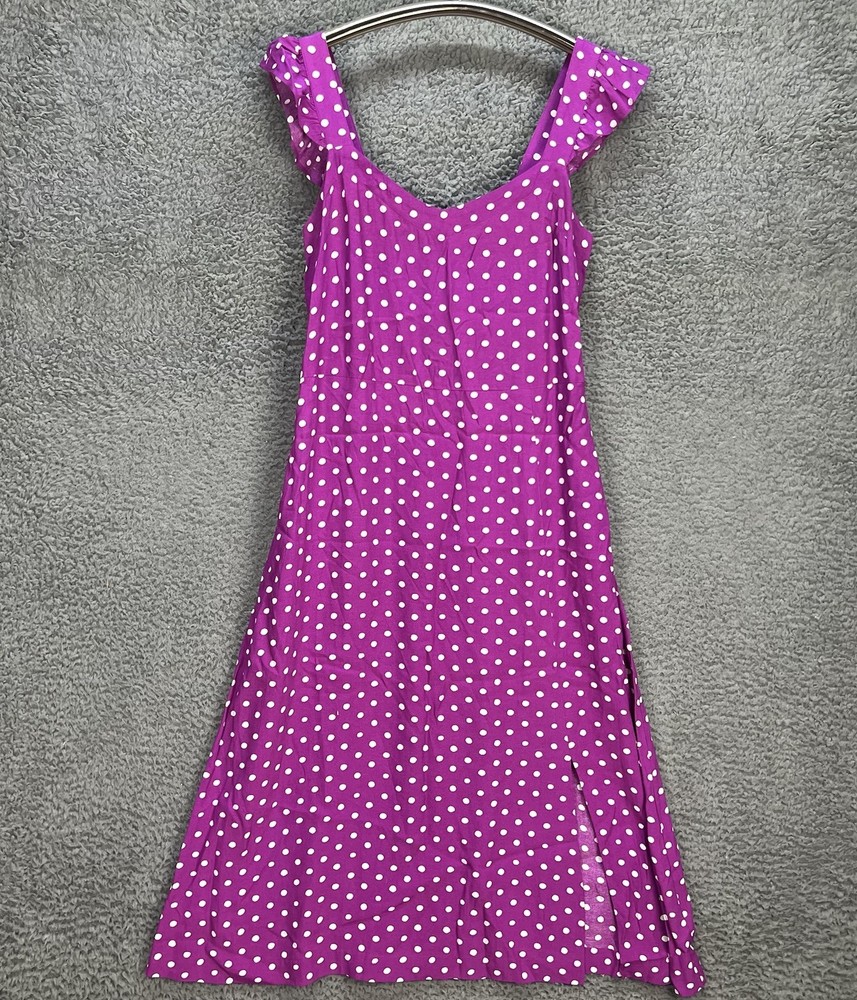 LOFT Midi Dress Purple White Polka Dots Sz 10 Front Slit Ruffle Sleeveless Vneck