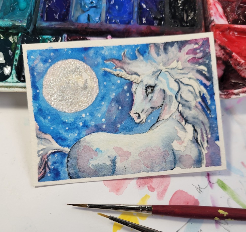 ACEO Original Watercolor Unicorn ACEO Fantasy  Galaxy Moon Shooting Stars OOAK