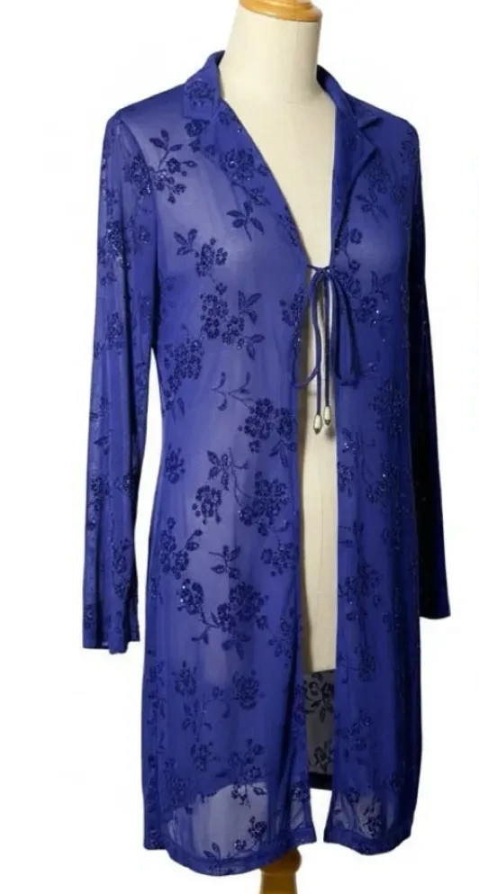 READ! Vintage 90s Vibrant Indigo Sheer Mesh Glitter Floral Open Duster Cardigan