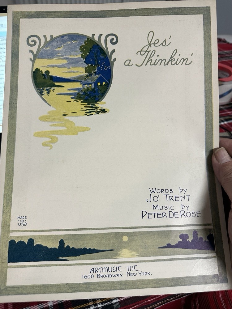 G 1927 Sheet Music ‘Jes A Thinking’ (A Darkey Silhouette) by Peter De Rose
