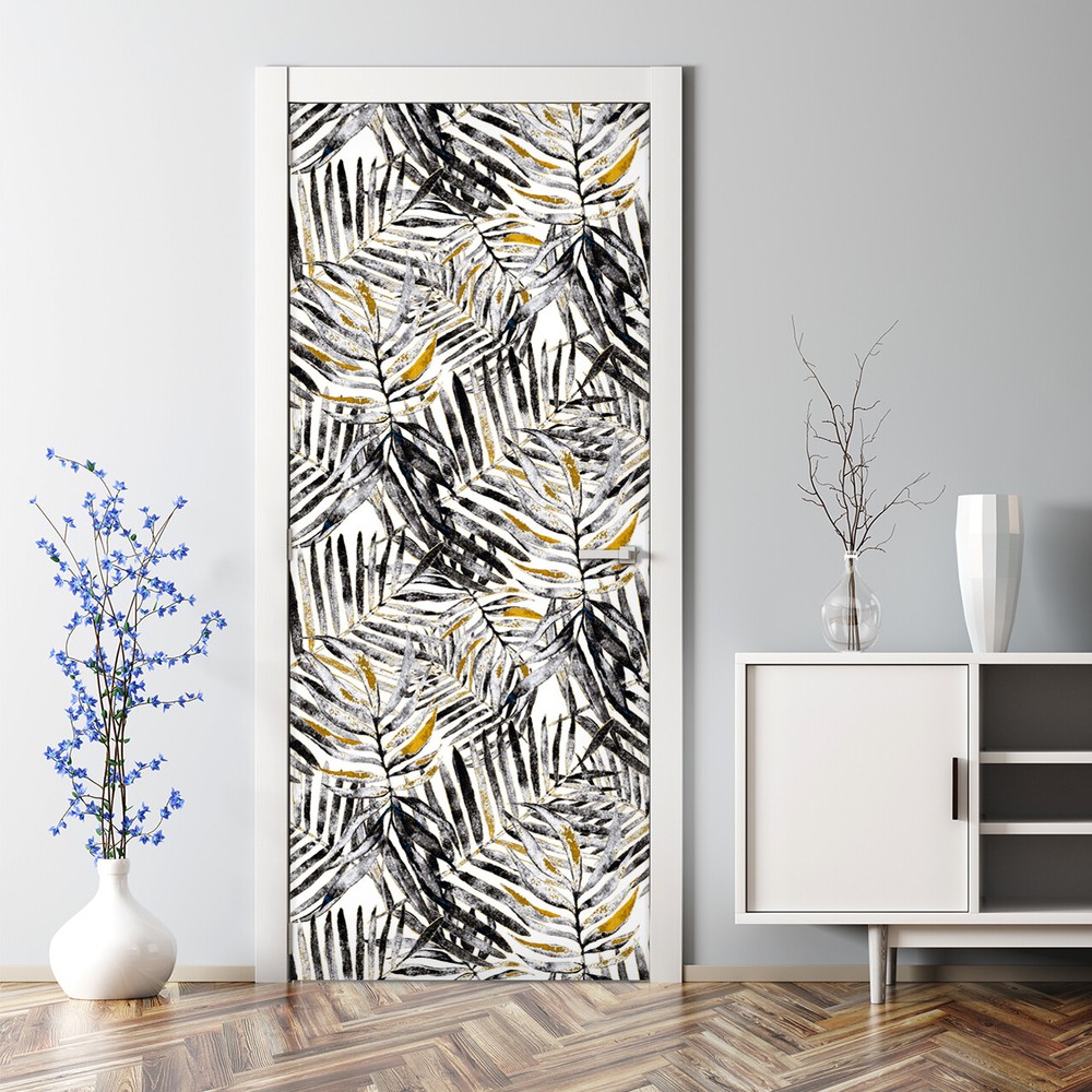 Black Vintage Monstera Bubble Free Gold Leaves Exotic Repositionable Door Decal