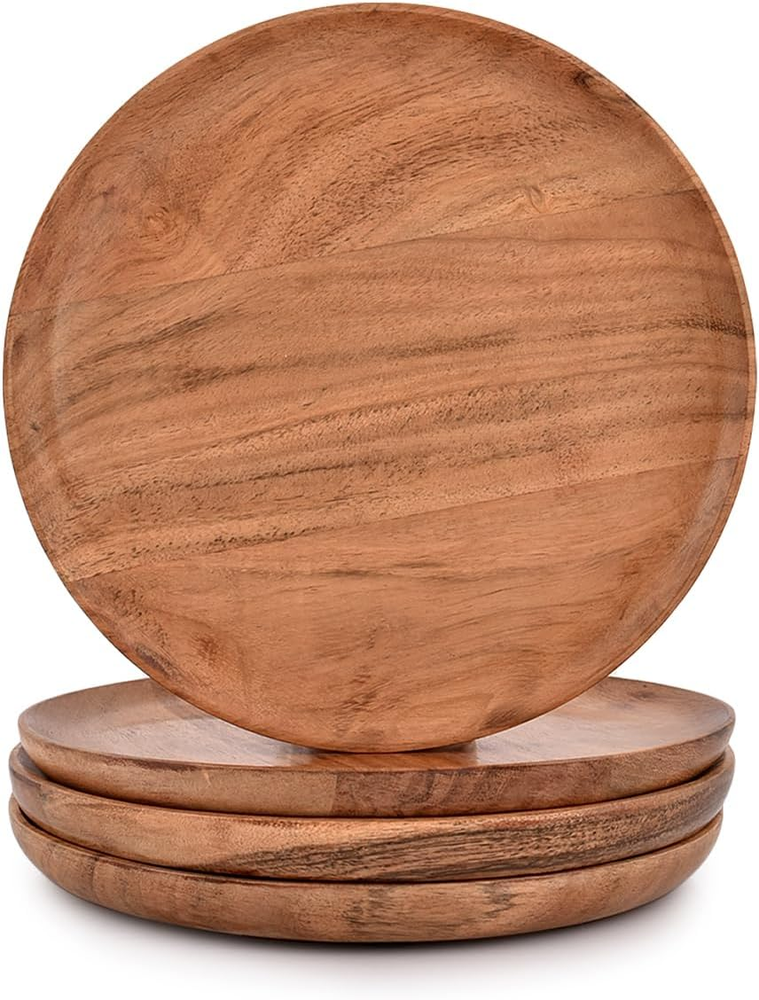 Set of 4 Acacia Wood Round Plates Lightweight & Easy Clean Dinnerware-image