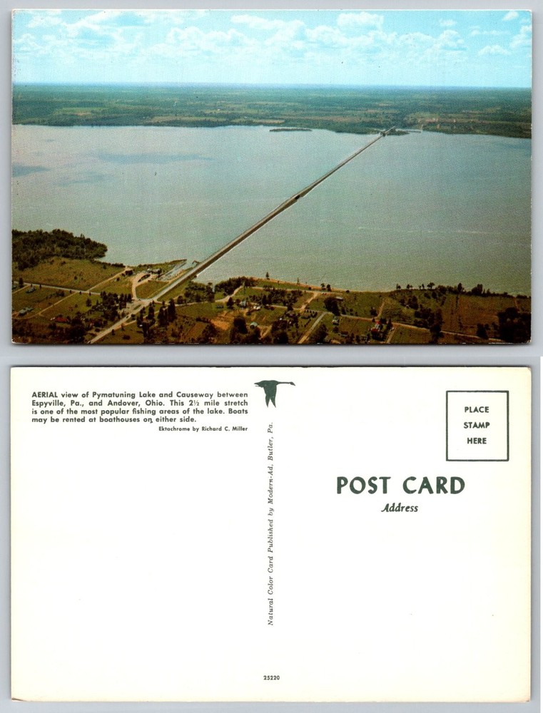 Pymatuning Lake & Causeway PA OH Aerial View Vintage Postcard Unposted