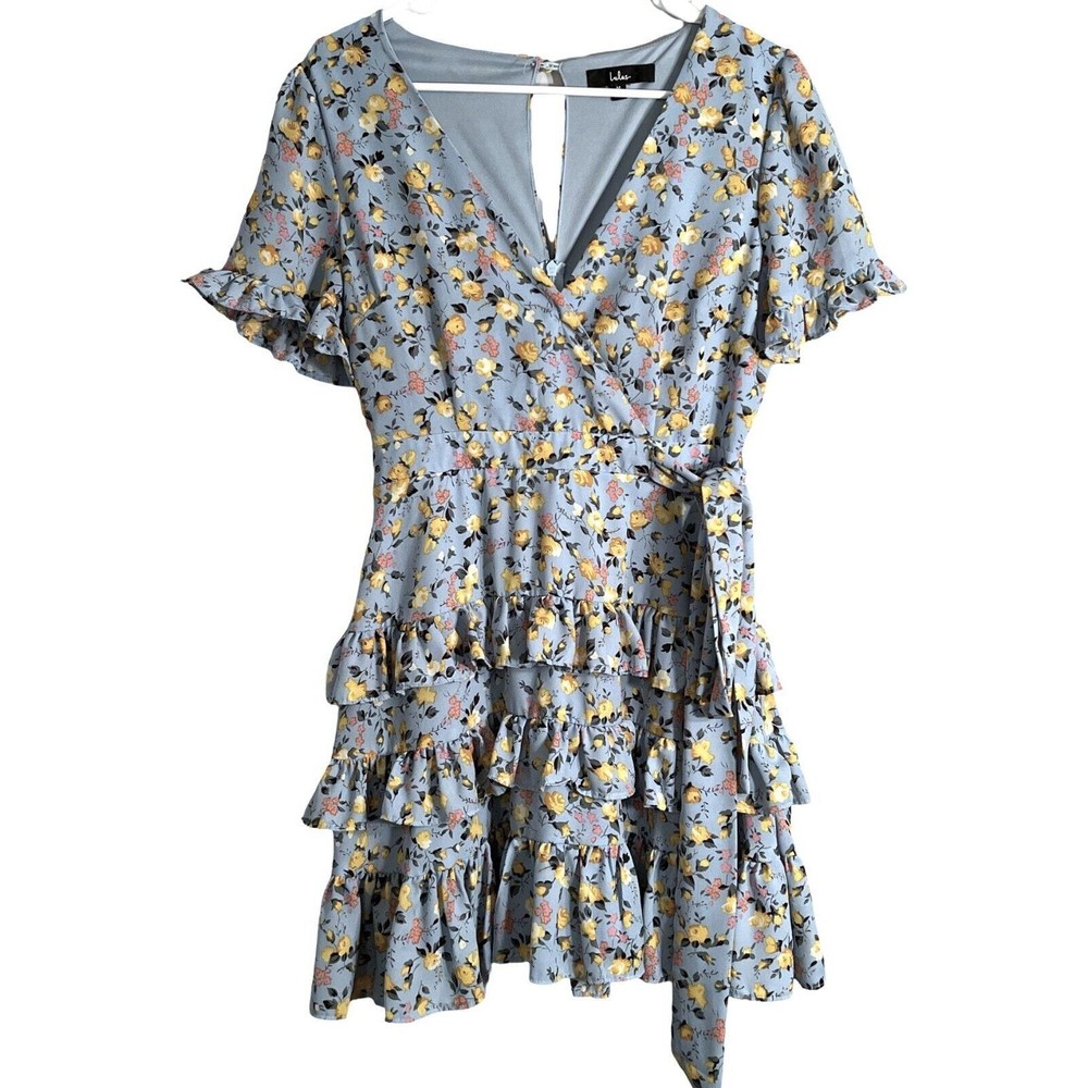 Lulus Dress Womens Size M Blue Floral Short Sleeve Ruffles Back Zip V-Neck Lined