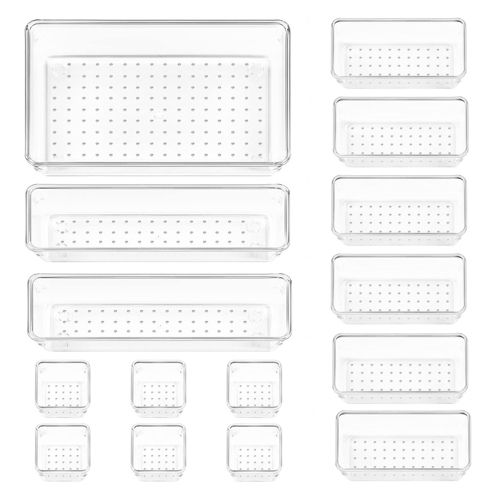 15-Piece Clear Plastic Drawer Organizer Set with 4 Sizes for Versatile Bathroom and Vanity Storage Solutions