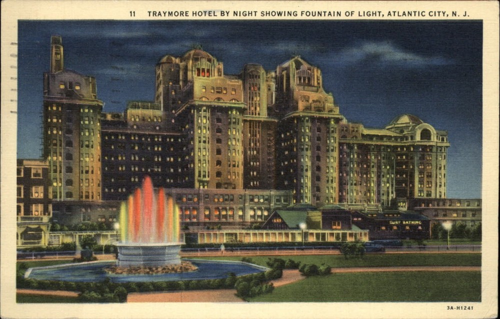 Traymore Hotel Atlantic City NJ Fountain of Light at night ~ 1940 linen postcard