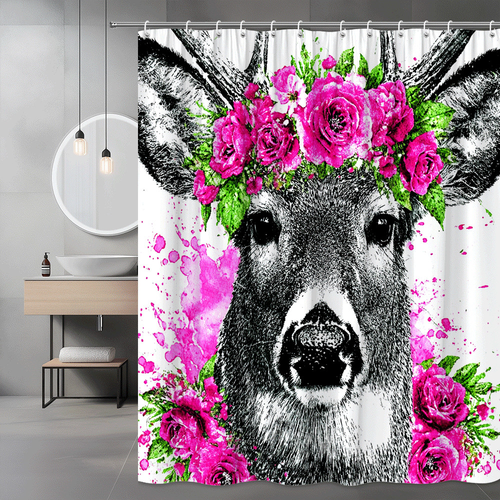 Deer Floral Shower Curtain Pink Rose Animal Print