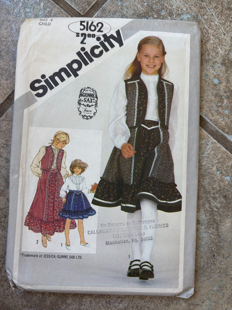 Simplicity 5162 Sewing Pattern: GUNNE SAX Skirt/Blouse/Vest, Child Size 4  UNCUT