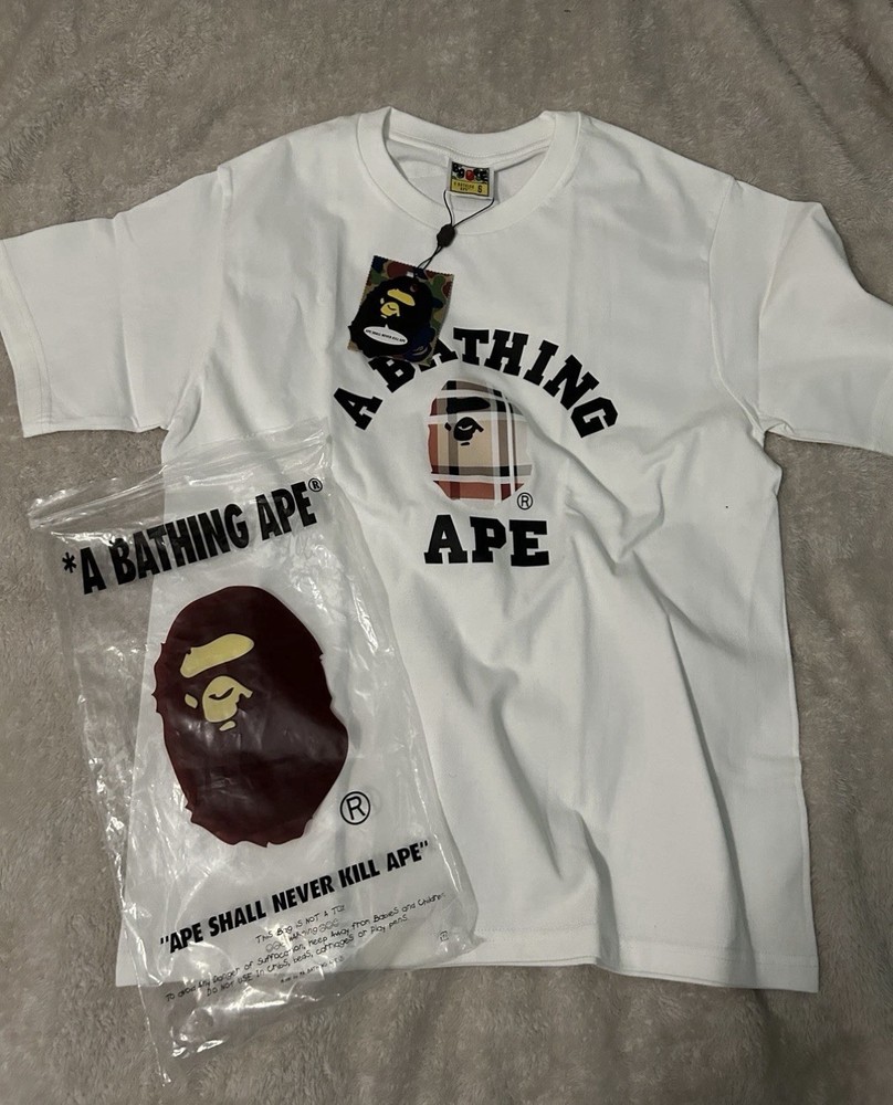 ⭐️A Bathing Ape White Cotton Jersey Logo Graphic Ape Head T-Shirt Men's Size S