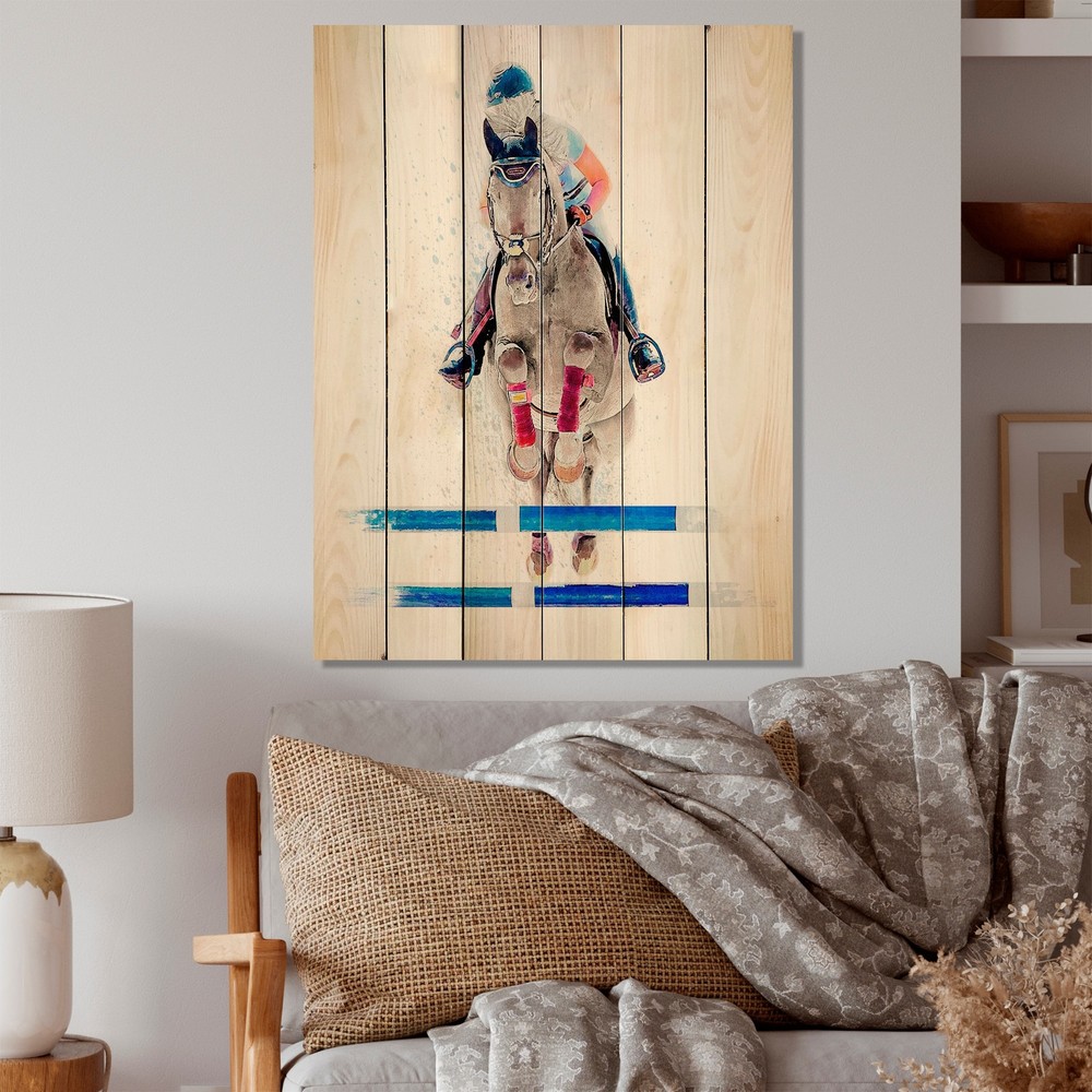 Designart 'Jockey Jumping On White Horse II' Country Wood