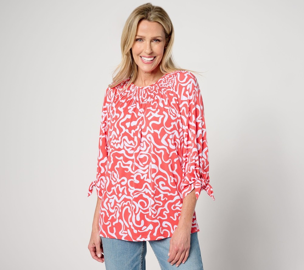 Susan Graver Women's Top Sz L Printed Liquid Knit Smock-Neck Orange A593343