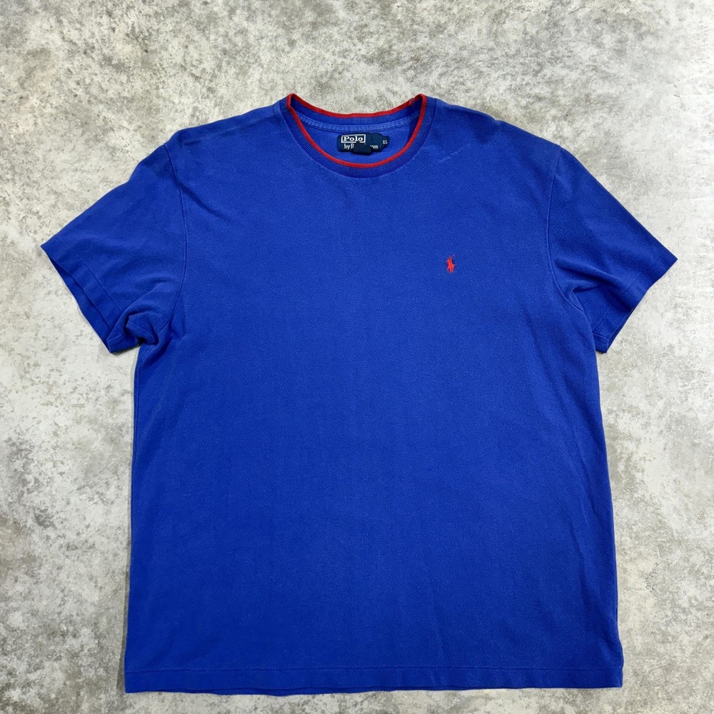 Polo Ralph Lauren Shirt Mens XL Blue Red Trim Pony Logo Crewneck Tee Cotton