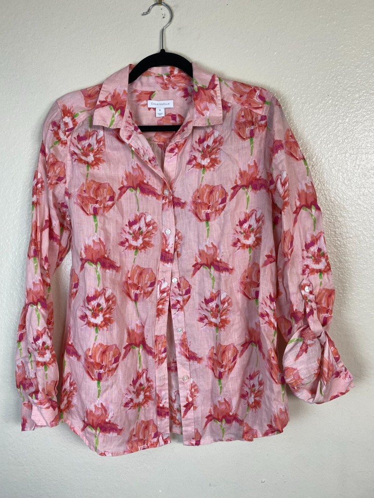 Charter Club Womens Linen Pink Floral Button Up Top Size Medium Long Sleeve Boho