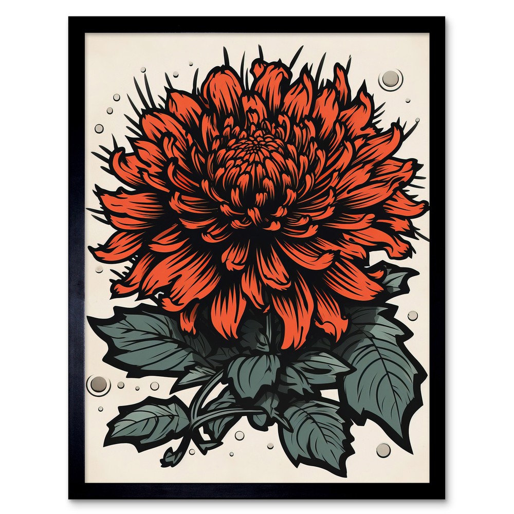 Chrysanthemum Bloom Old School Tattoo Rockabilly 50s Framed Print Wall Art 12x16