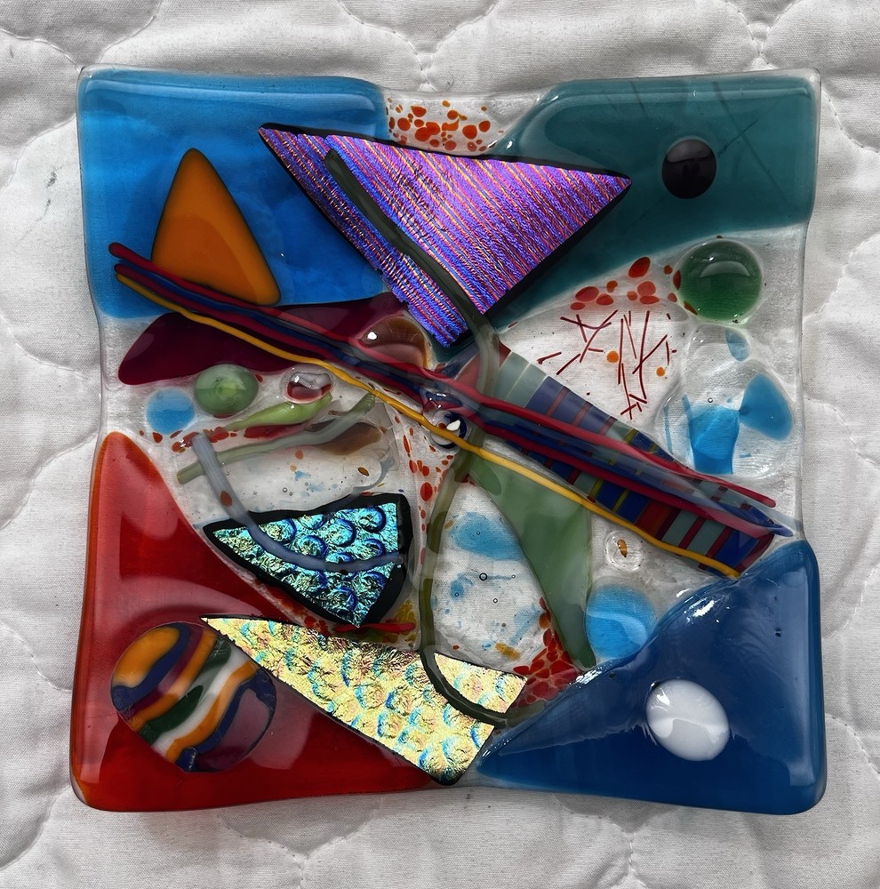 Multicolor Fused Glass Square Decorative Plate Abstract Modern Handmade