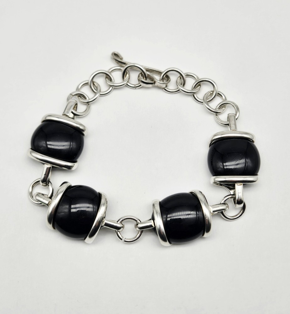 VTG Sterling Silver Black Onyx Glass Chain Toggle Bracelet 8 Inch 37g