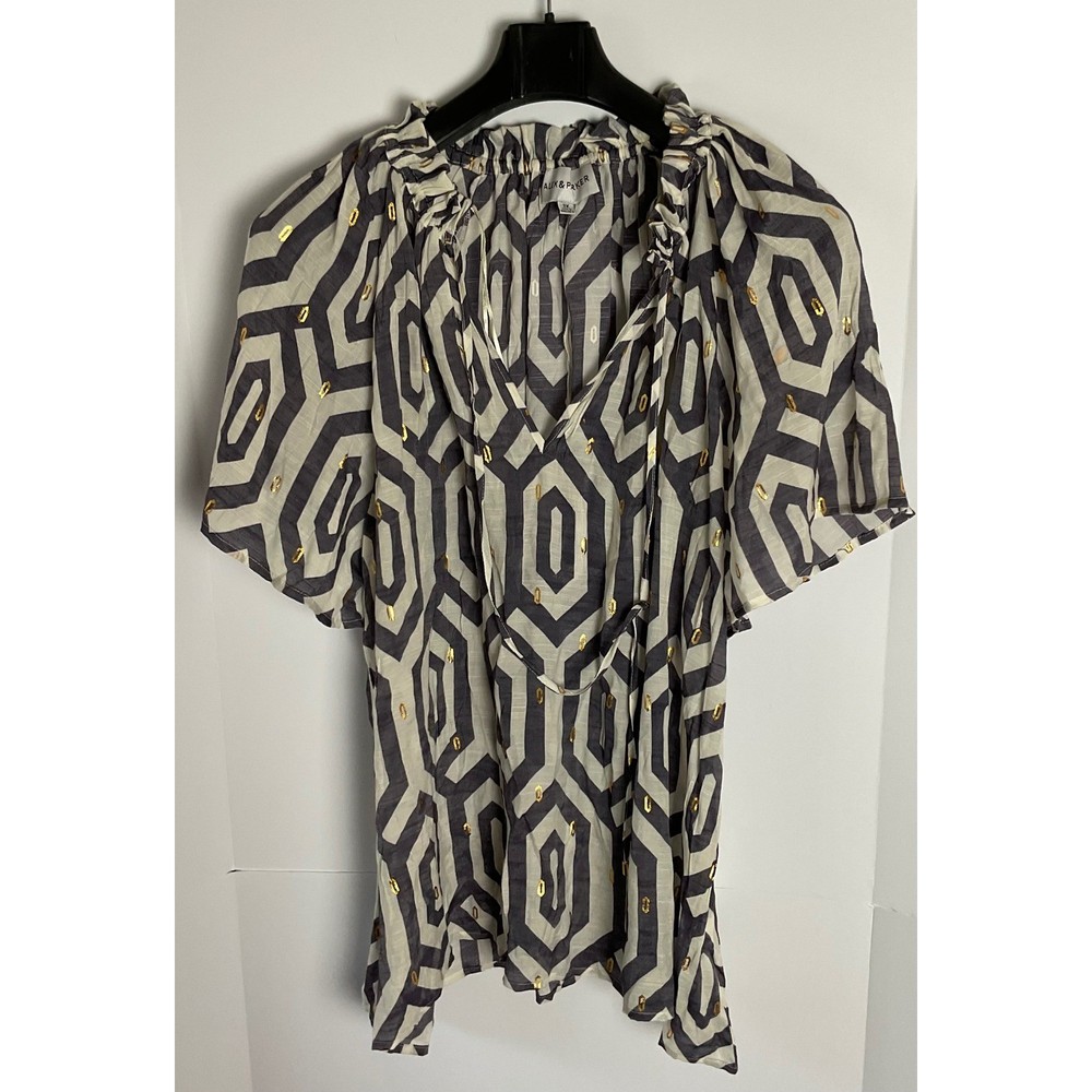 Alex & Parker Womens 3X Navy White Gold Geometric Metallic Ruffle Tie Blouse Top