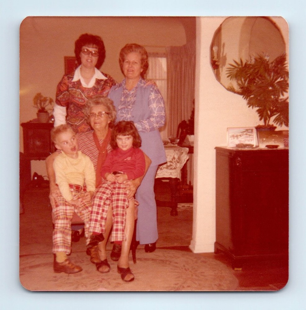 Old Vintage Square Color Photo WOMEN BOY AND GIRL IN LIVING ROOM SNAPSHOT PIC