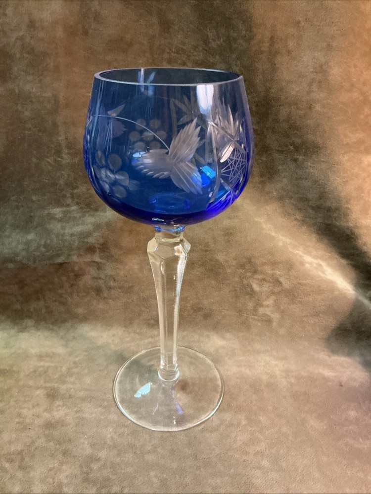 Vintage cobalt blue to clear cut bohemian water/wine hock  goblet stem