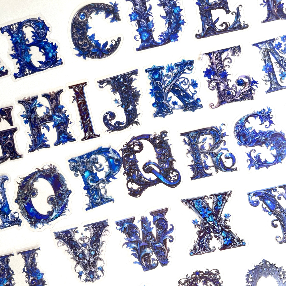 Blue Purple Baroque Alphabet Letter Stickers  Floral Junk Journal Scrapbook