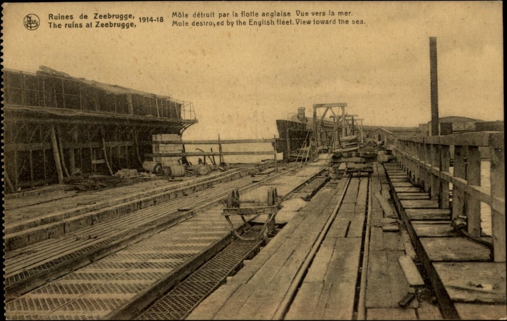 Zeebrugge Mole Destroyed by English Fleet vintage postcard s447