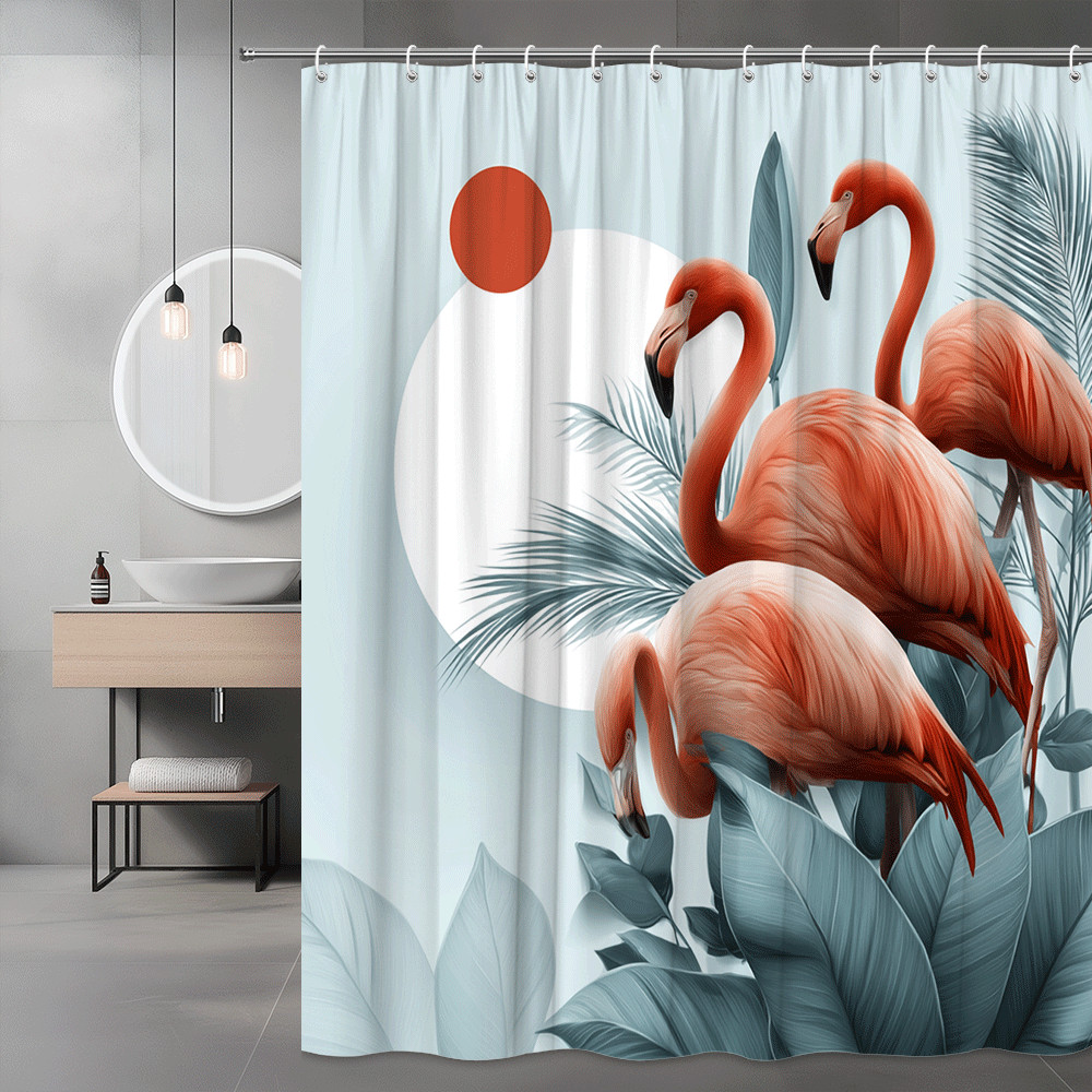 Flamingo Palm Leaves Shower Curtain Tropical Bird Print