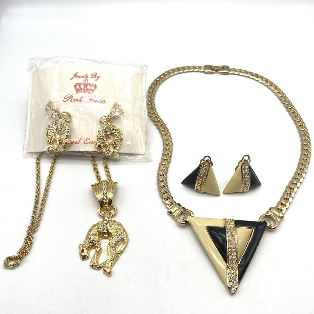 PARK LANE Rare Leopard Print Triangle Necklace and Earrings Set Retro Dangling Jewelry