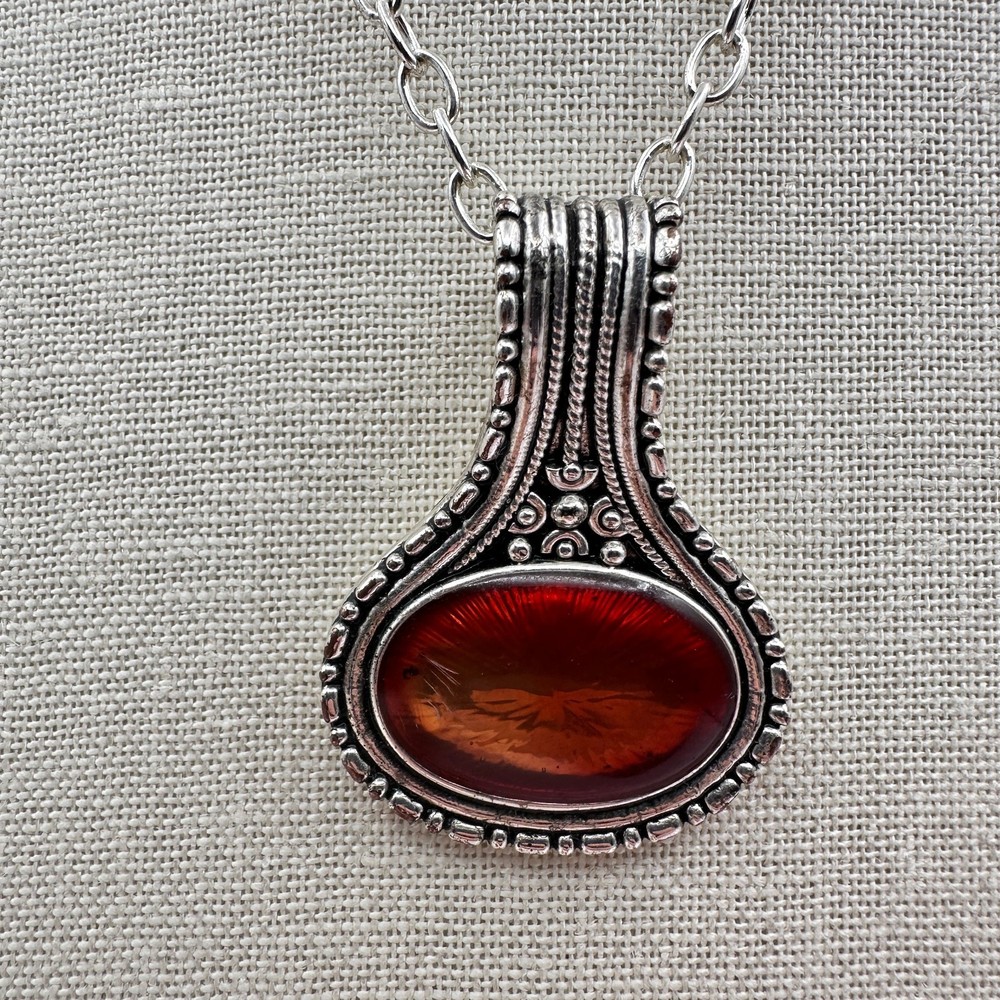 Vintage Y2K Silver Tone Red Naga Eye Stone Pendant Necklace Statement Jewelry