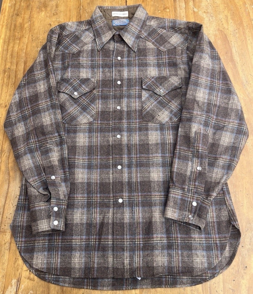 VTG Pendleton High Grade Western Wear Pearl Snap Wool Shirt Mens L Brown Plaid