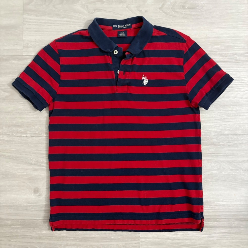 US Polo Assn Boys Polo Shirt Red Navy Blue Striped Short Sleeve Size L 10-12